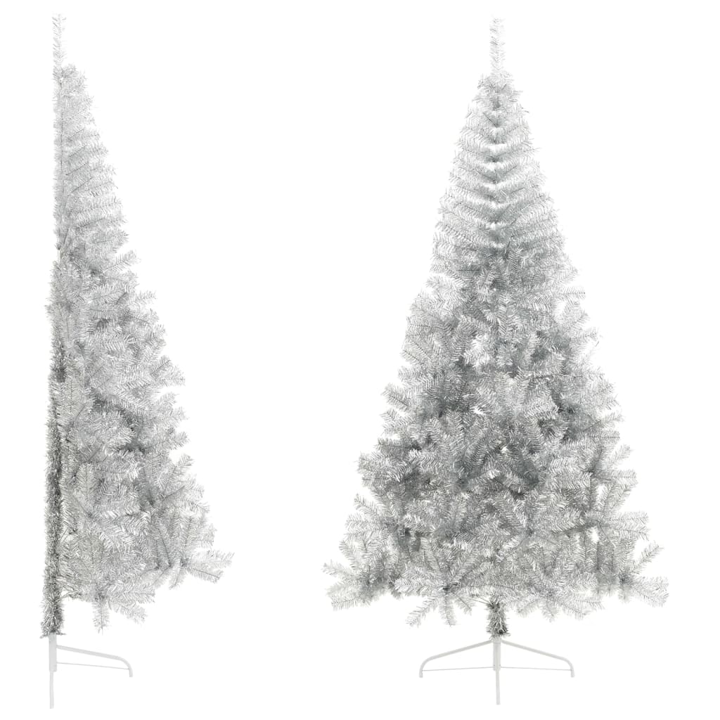 vidaXL Jumătate brad de Crăciun cu suport, argintiu, 210 cm, PET