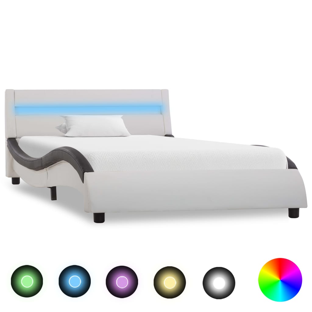 vidaXL Cadru de pat cu LED, alb și negru, 100x200 cm, piele ecologică