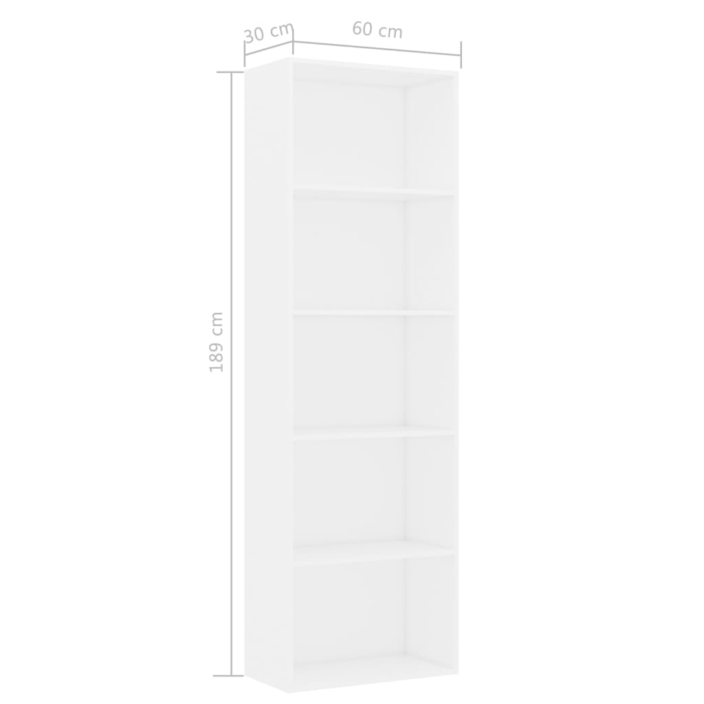 vidaXL Bibliotecă cu 5 rafturi, alb, 60x30x189 cm, PAL
