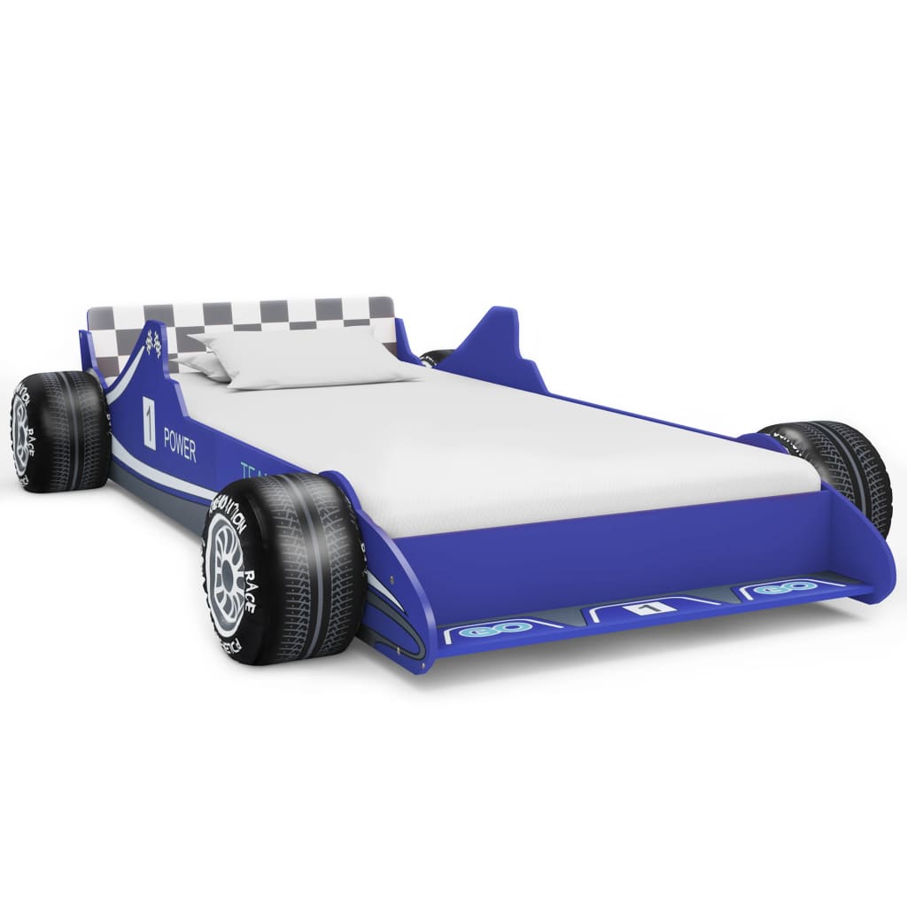 vidaXL Pat pentru copii mașină de curse, albastru, 90 x 200 cm