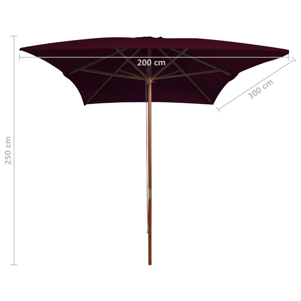 vidaXL Umbrelă de soare, exterior, stâlp lemn, roșu bordo, 200x300 cm