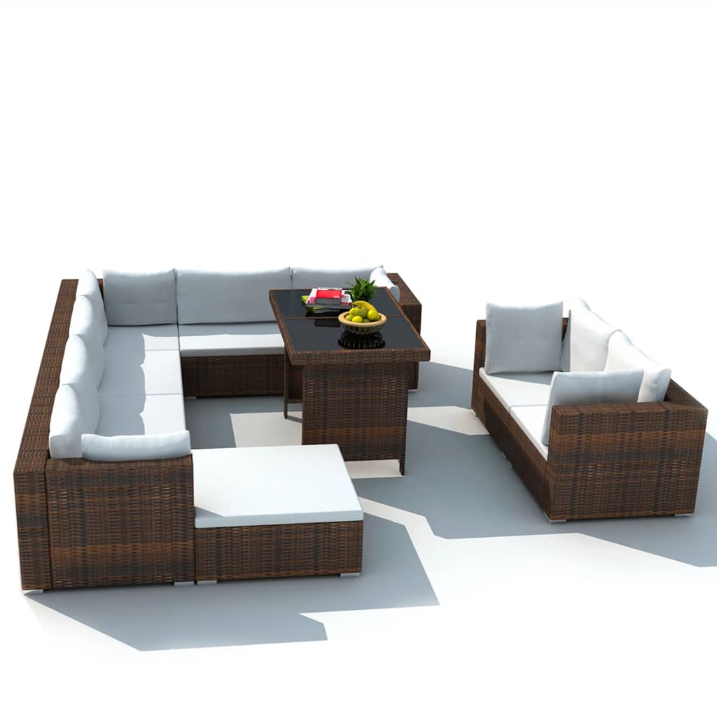 vidaXL Set mobilier de grădină cu perne, 10 piese, maro, poliratan