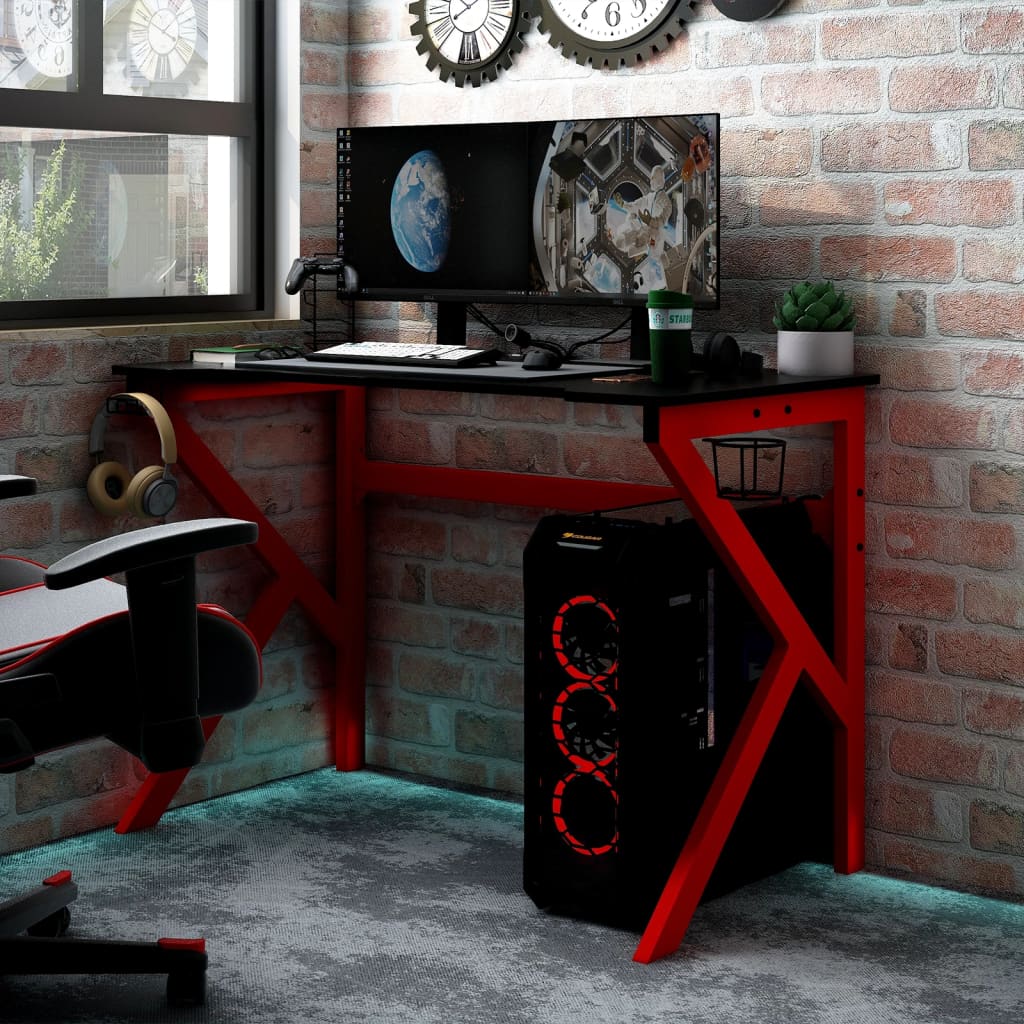 vidaXL Birou de gaming picioare în formă de K negru/roșu 90x60x75 cm