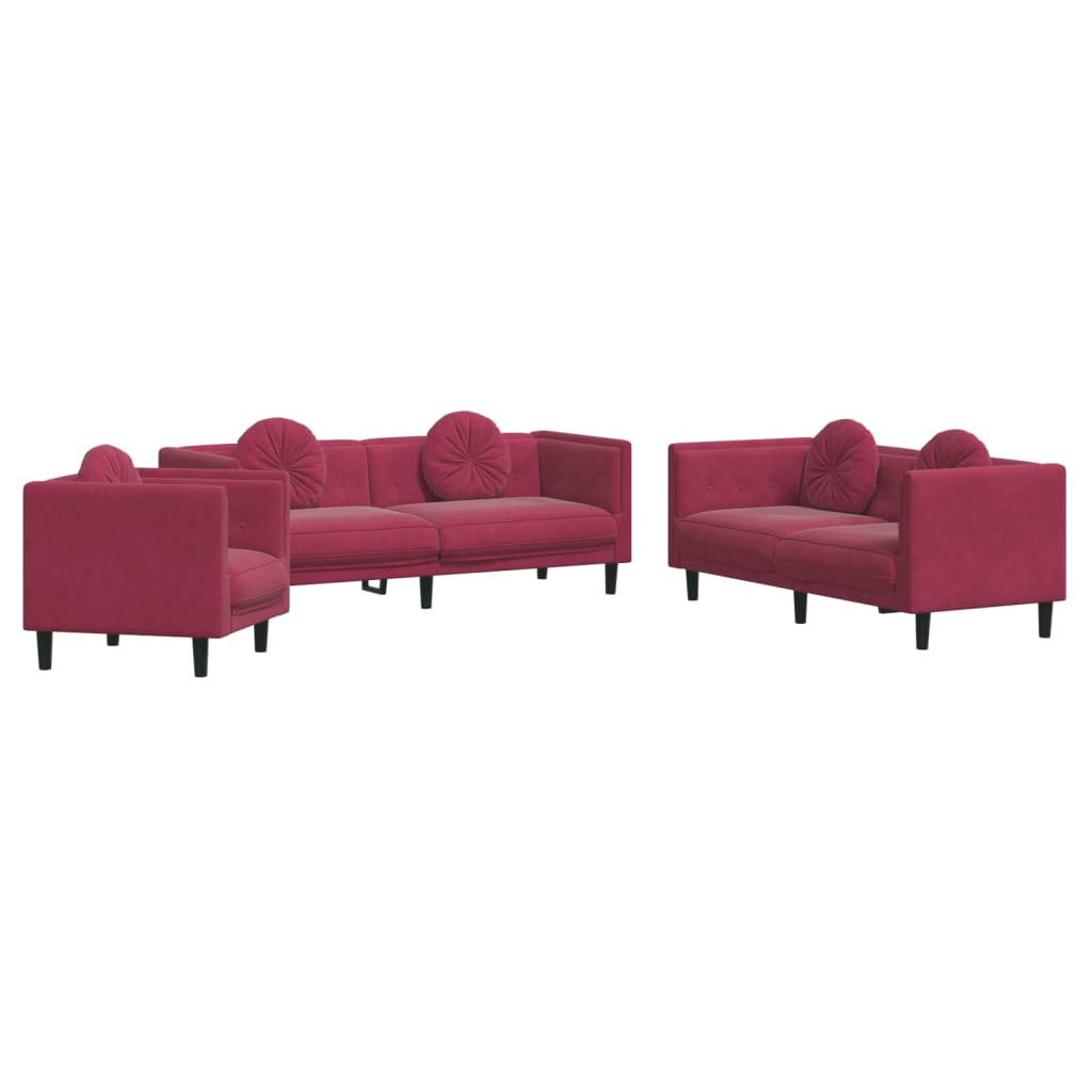vidaXL Set canapele cu perne, 3 piese, roșu vin, catifea