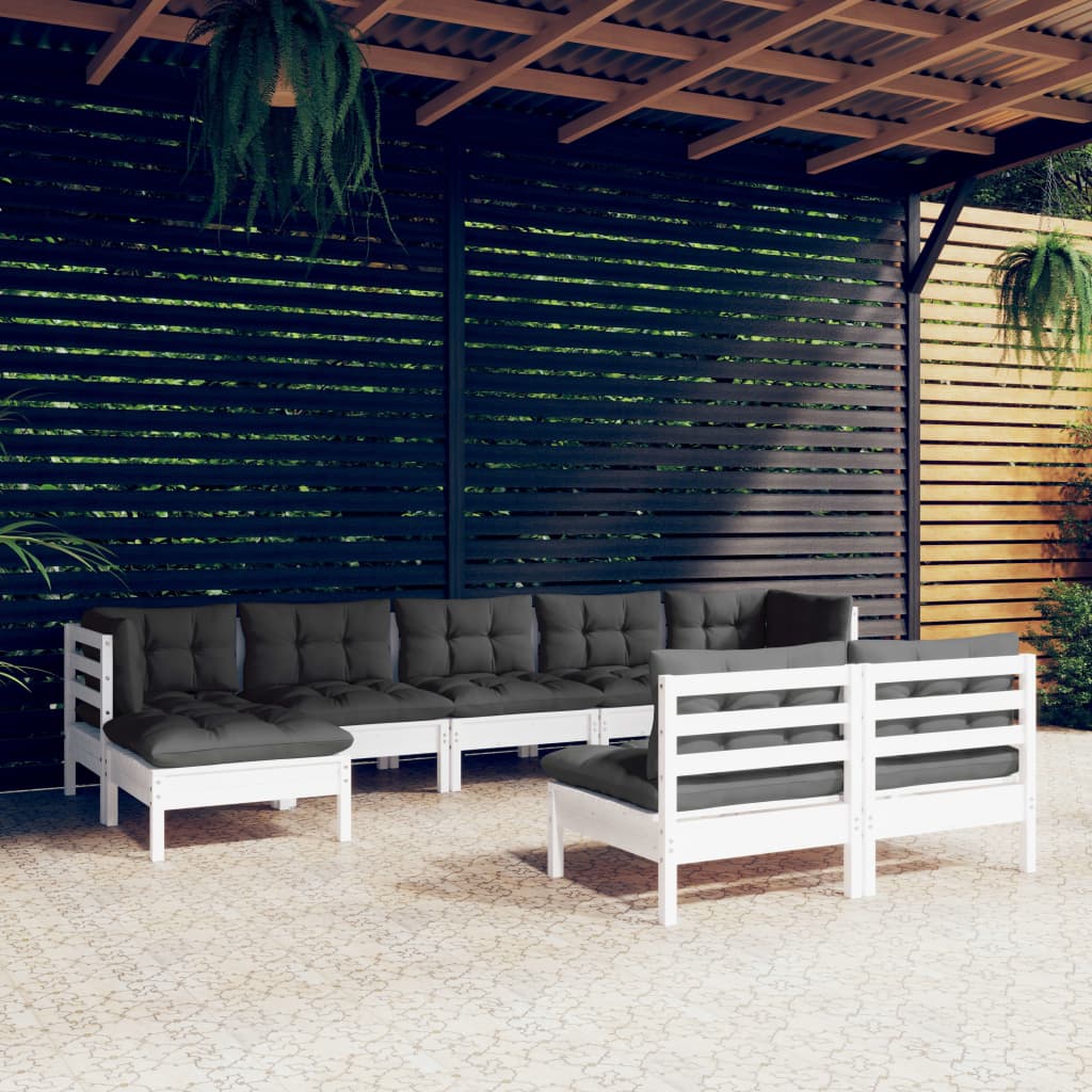 vidaXL Set mobilier de grădină cu perne, 9 piese, alb, lemn de pin