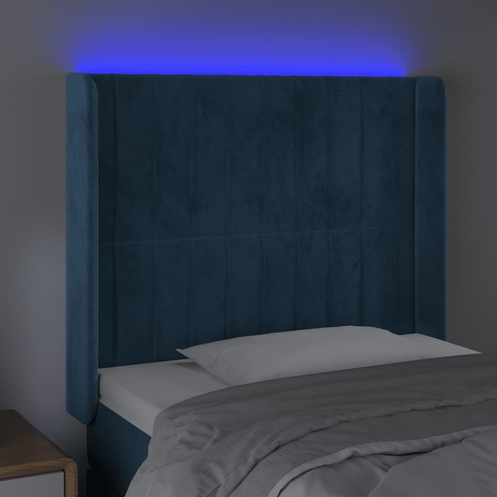 vidaXL Tăblie de pat cu LED, albastru închis, 83x16x118/128cm, catifea
