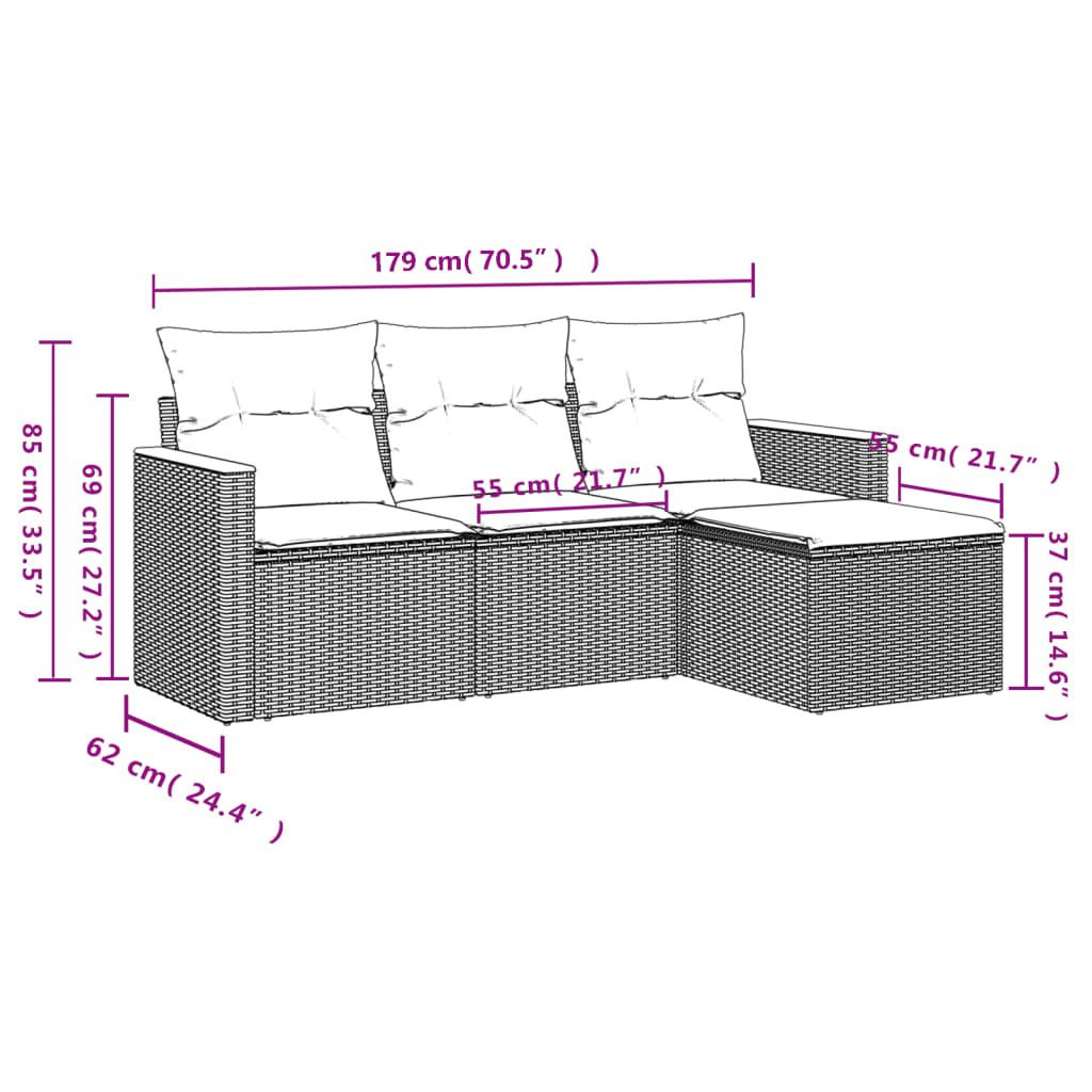 vidaXL Set canapea de grădină cu perne, 4 piese, gri, poliratan