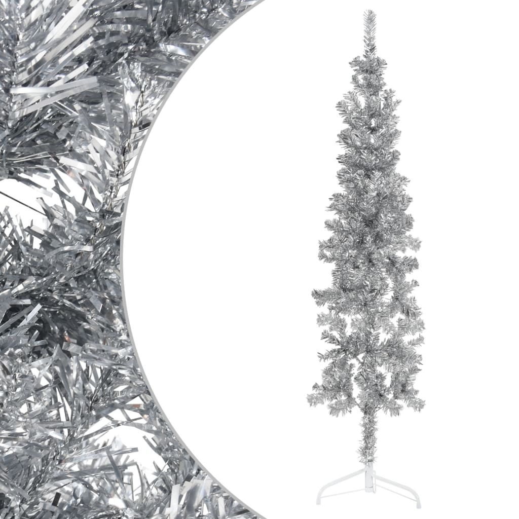 vidaXL Jumătate brad de Crăciun subțire cu suport, argintiu, 120 cm