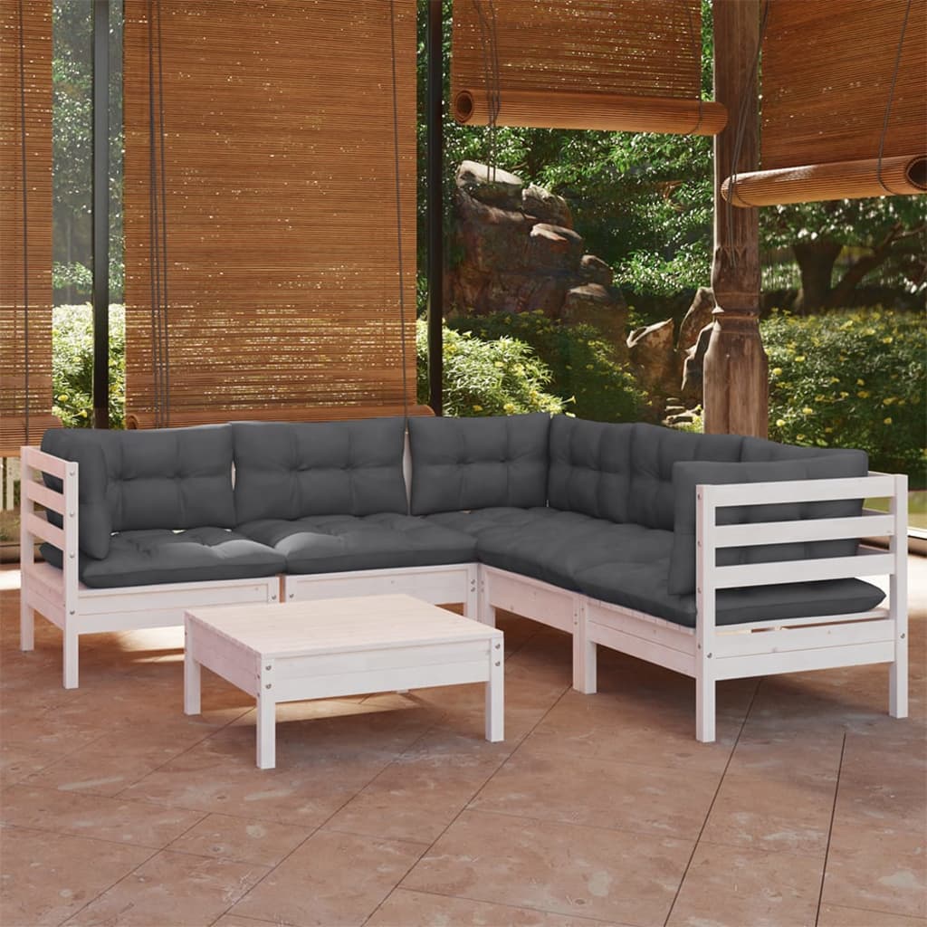vidaXL Set mobilier de grădină cu perne, 6 piese, alb, lemn masiv pin