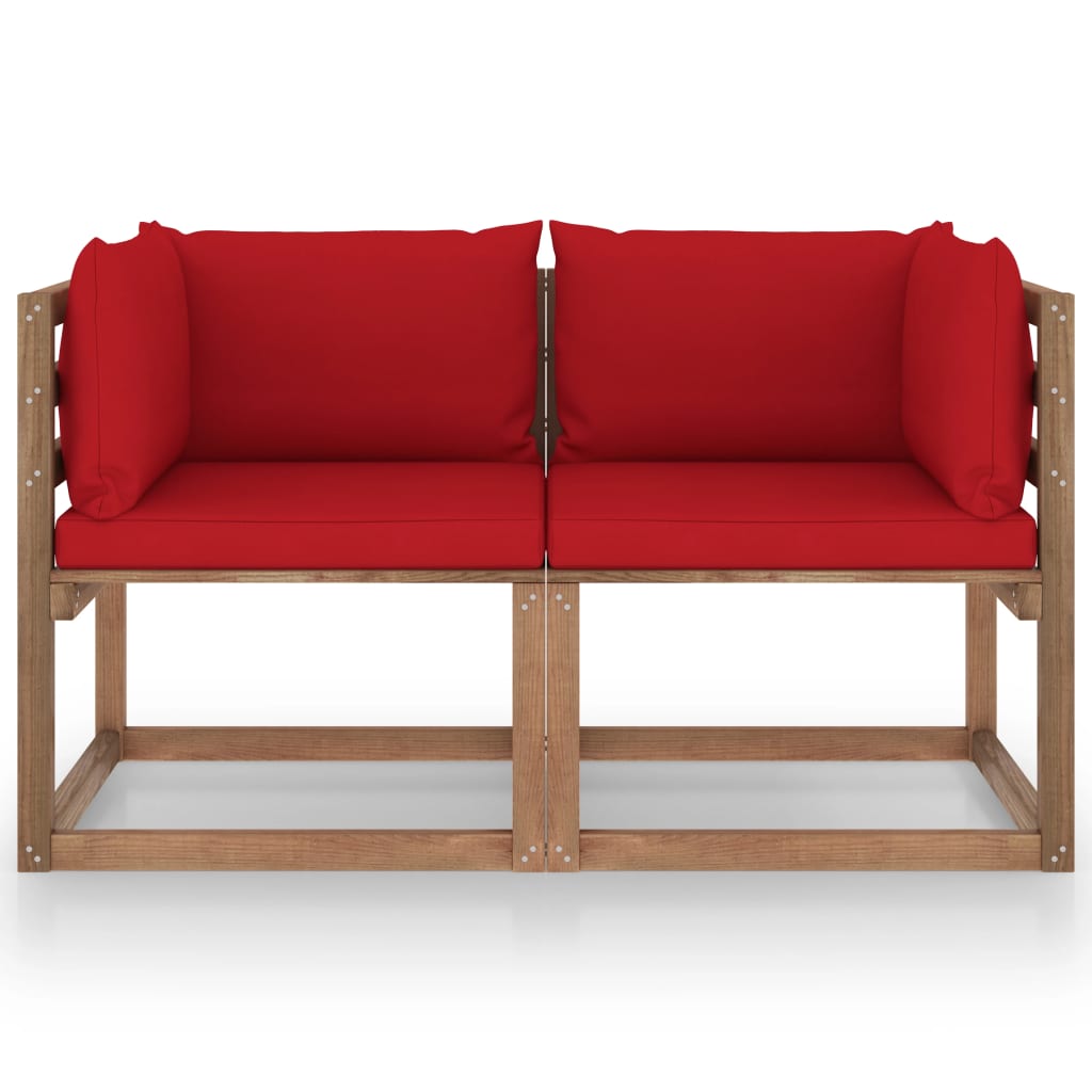 vidaXL Canapea din paleți de grădină, 2 locuri, perne roșii, lemn pin