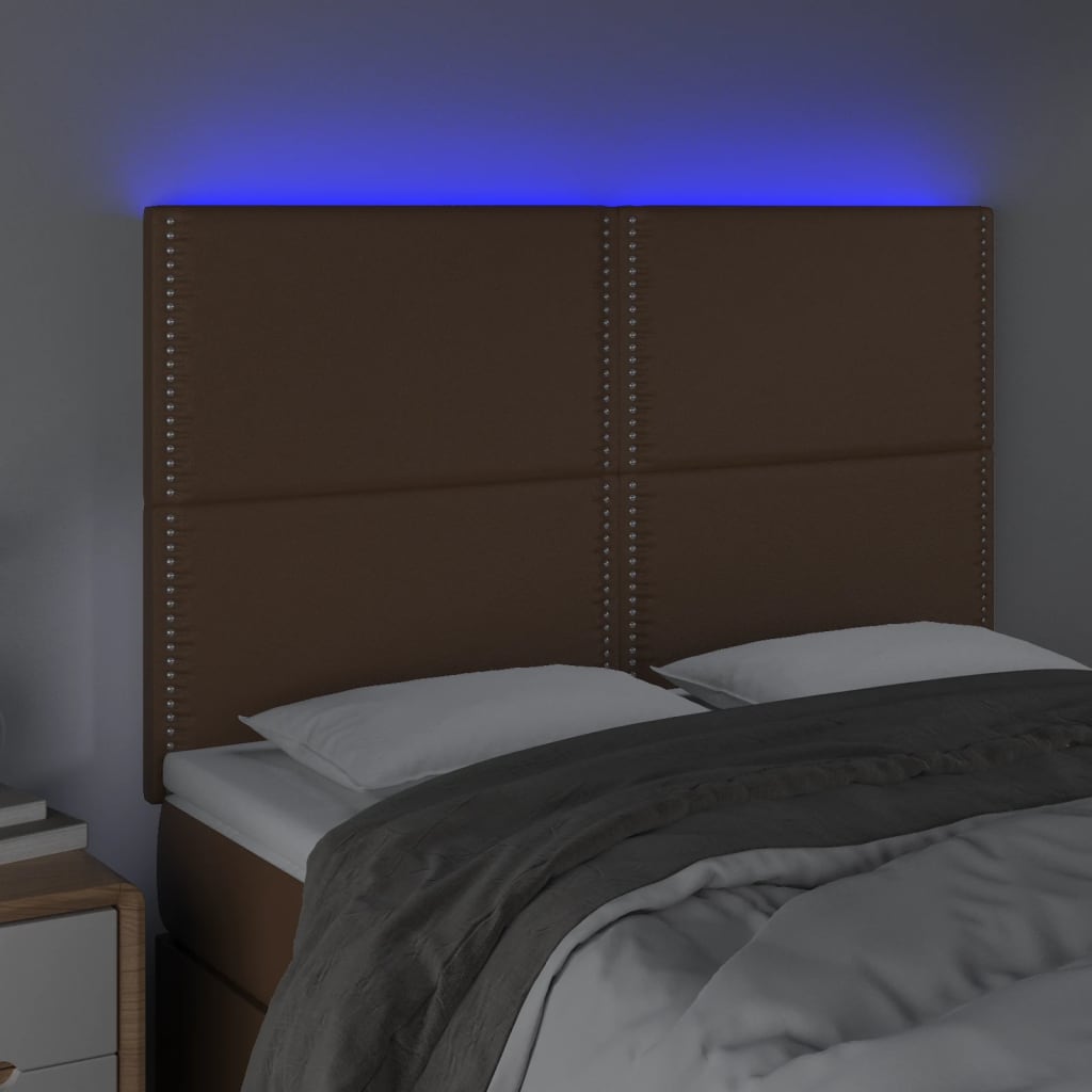 vidaXL Tăblie de pat cu LED, maro, 144x5x118/128 cm, piele ecologică
