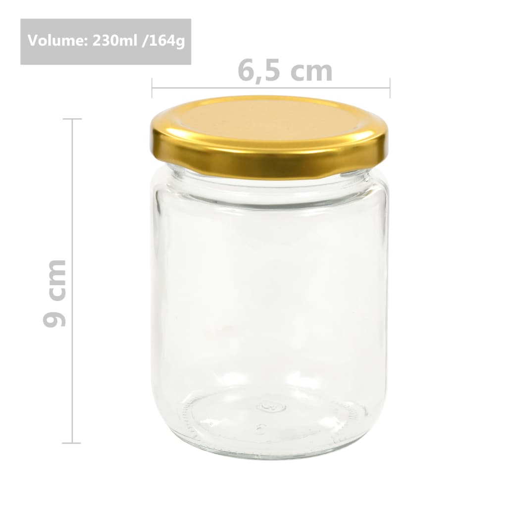 vidaXL Borcane din sticlă pentru gem, capace aurii, 96 buc., 230 ml
