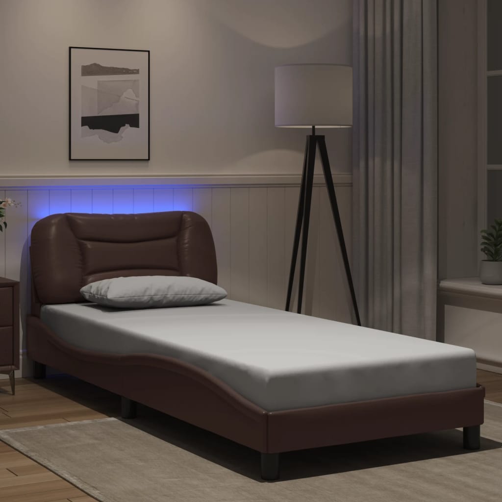 vidaXL Cadru de pat cu lumini LED, maro, 80x200 cm, piele ecologică