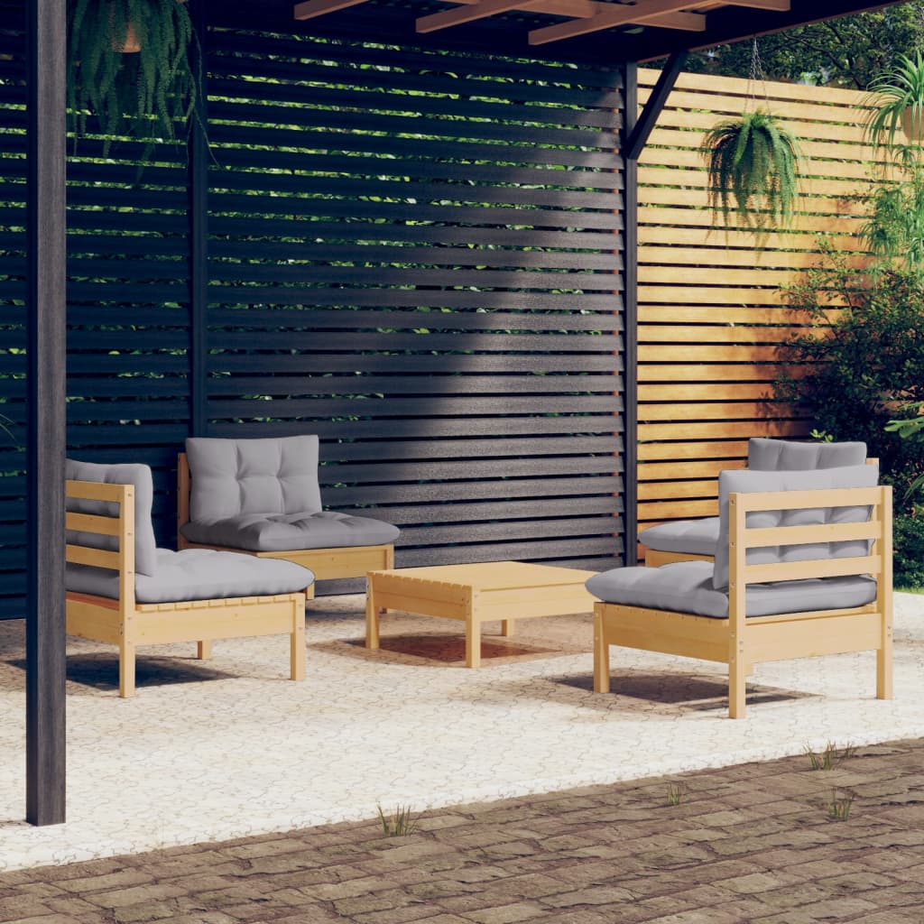 vidaXL Set mobilier grădină cu perne gri, 5 piese, lemn masiv de pin