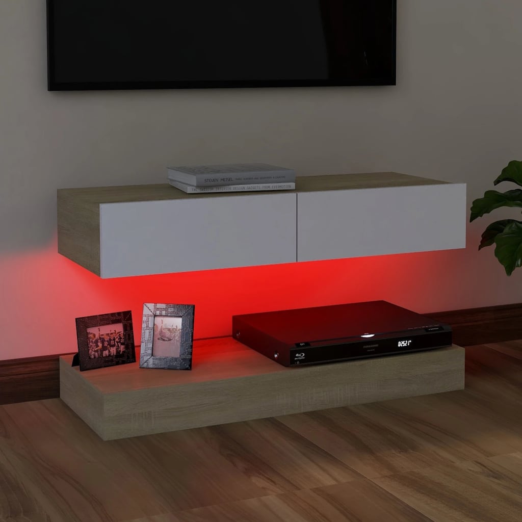 vidaXL Comodă TV cu lumini LED, alb și stejar Sonoma, 90x35 cm