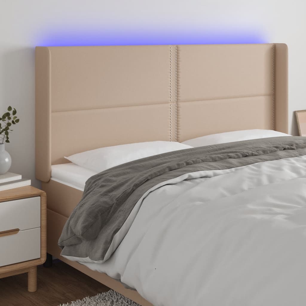 vidaXL Tăblie de pat cu LED, cappuccino, 203x16x118/128 cm, piele eco