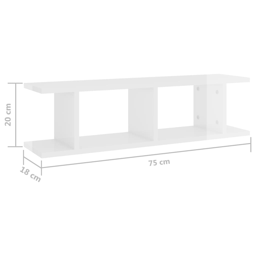 vidaXL Rafturi de perete, 2 buc., alb extralucios, 75x18x20 cm, lemn