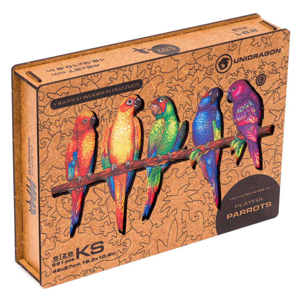 UNIDRAGON Puzzle din lemn 291 piese Playful Parrots King size 49x27 cm