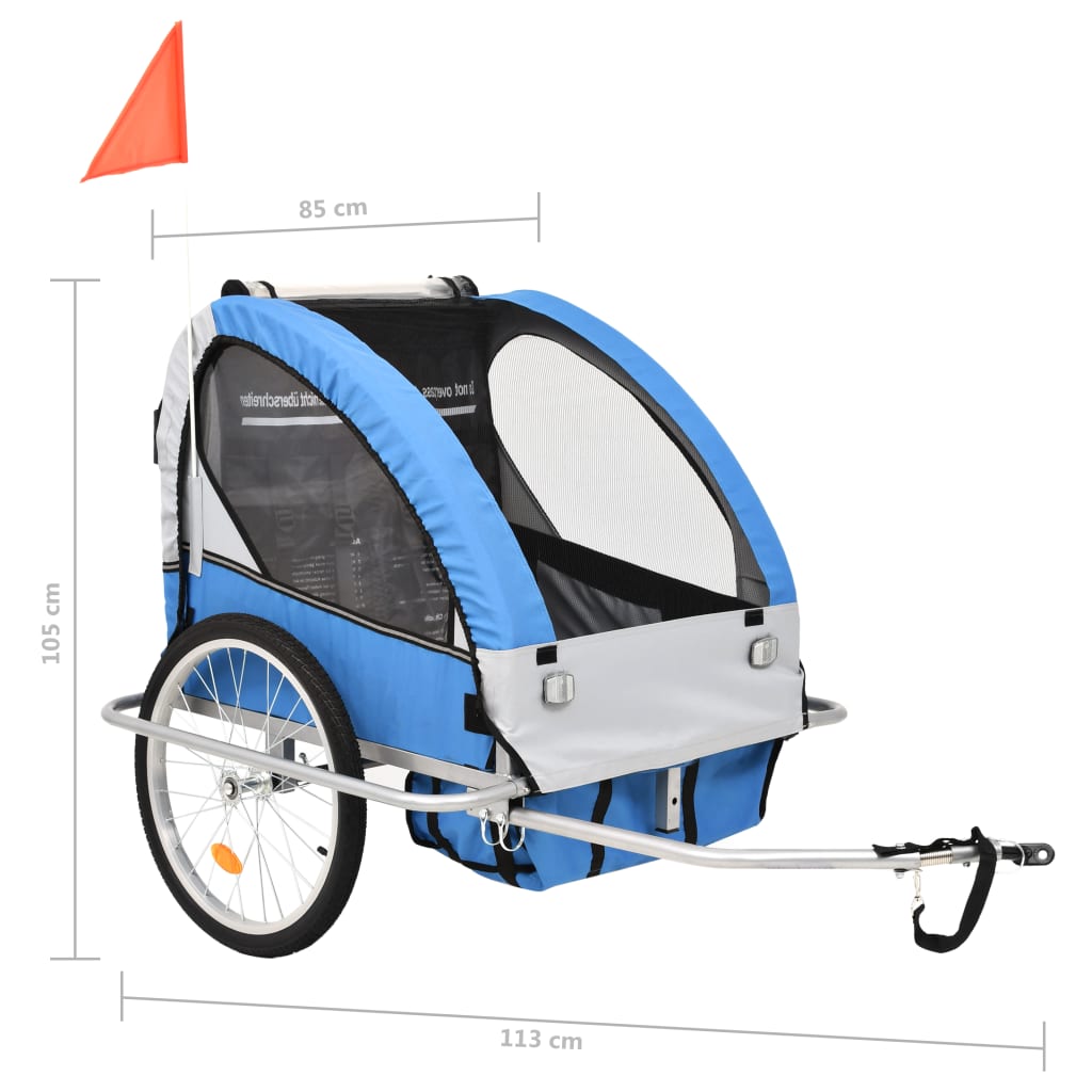 vidaXL Remorcă bicicletă & cărucior copii 2-în-1, Albastru și Gri