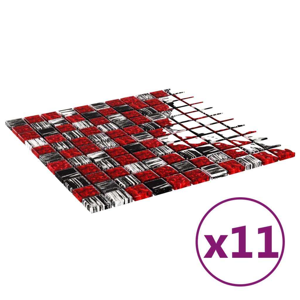 vidaXL Plăci mozaic, 11 buc., negru și roșu, 30x30 cm, sticlă