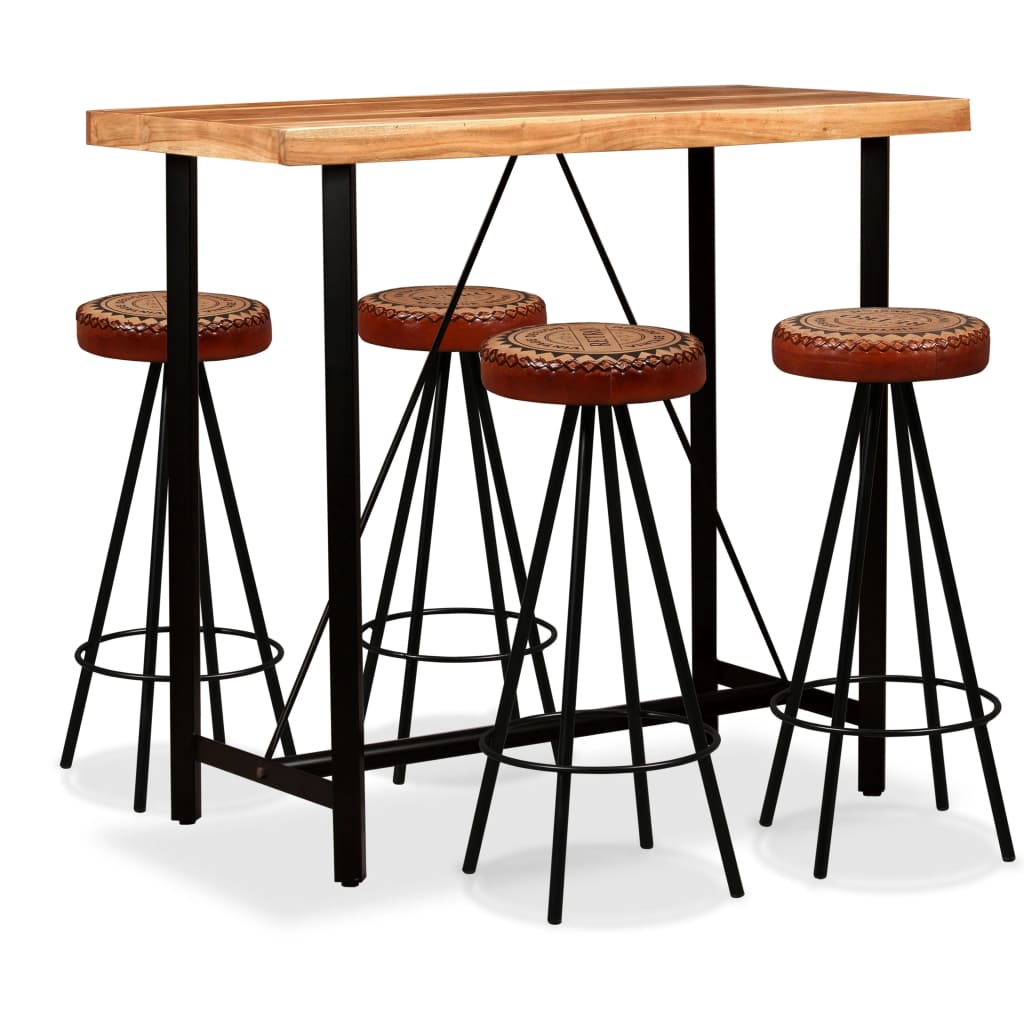 vidaXL Set mobilier bar, 5 piese, lemn acacia, piele naturală & pânză