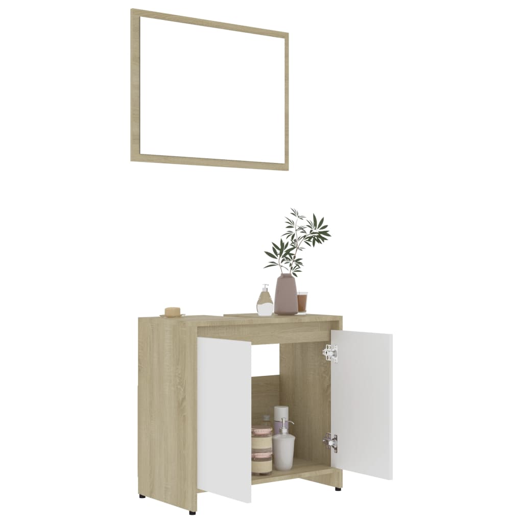 vidaXL Set mobilier de baie, 3 piese, alb și stejar Sonoma, PAL