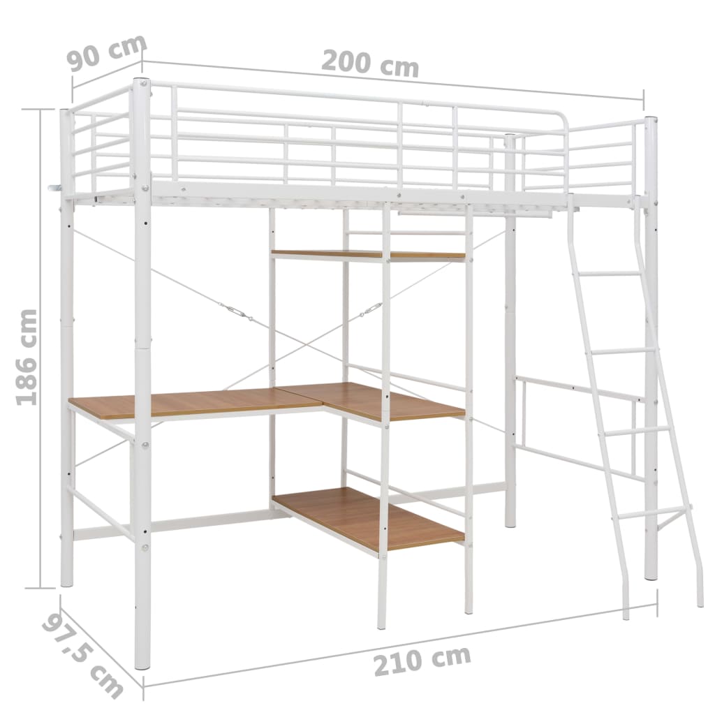 vidaXL Cadru de pat supraetajat cu masă, alb, 90 x 200 cm, metal