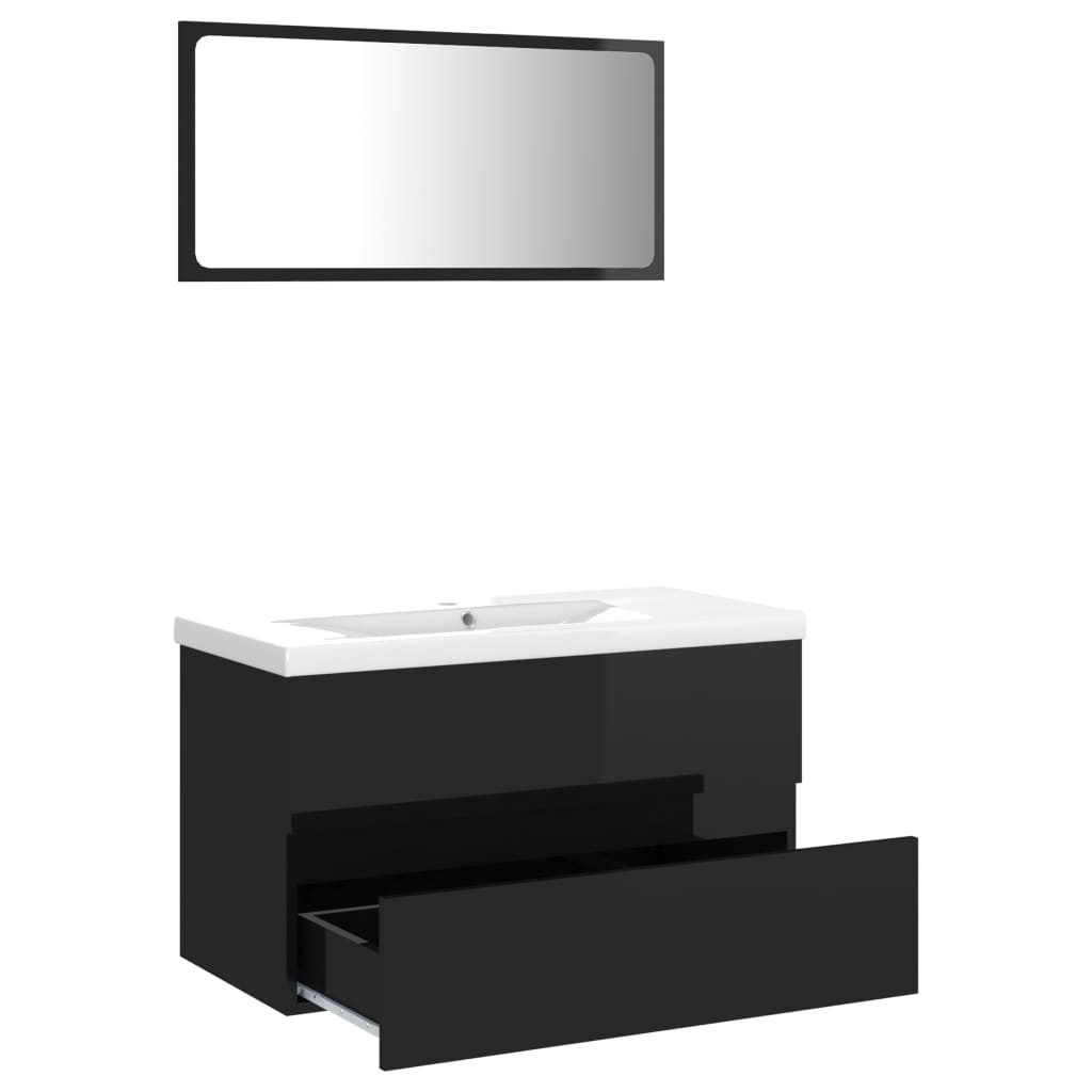 vidaXL Set mobilier de baie, negru extralucios, lemn prelucrat