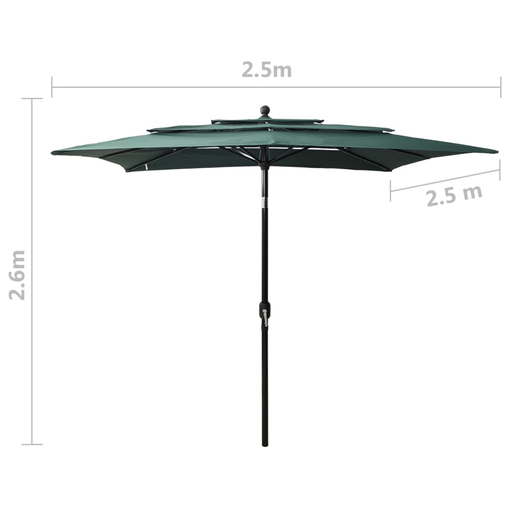 vidaXL Umbrelă de soare 3 niveluri, stâlp aluminiu, verde, 2,5x2,5 m