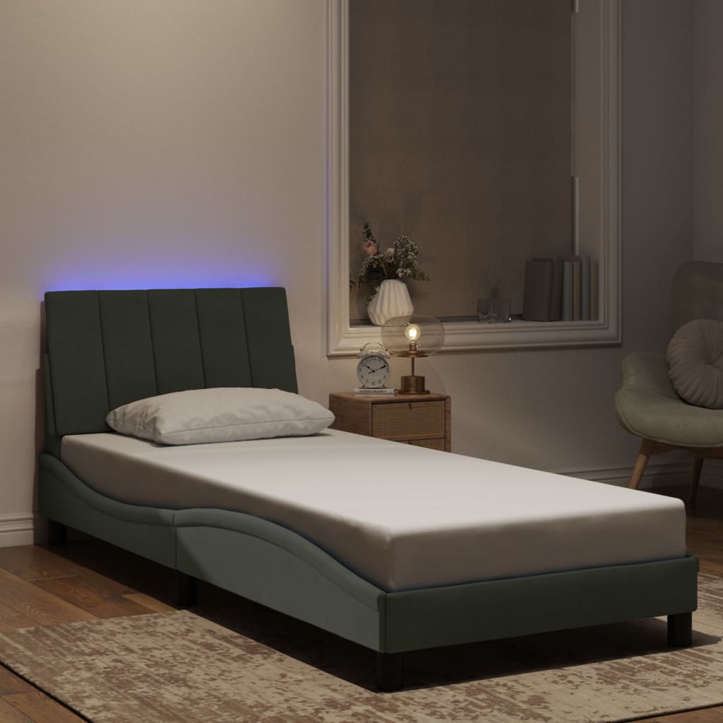 vidaXL Cadru de pat cu lumini LED, gri deschis, 90x190 cm, catifea