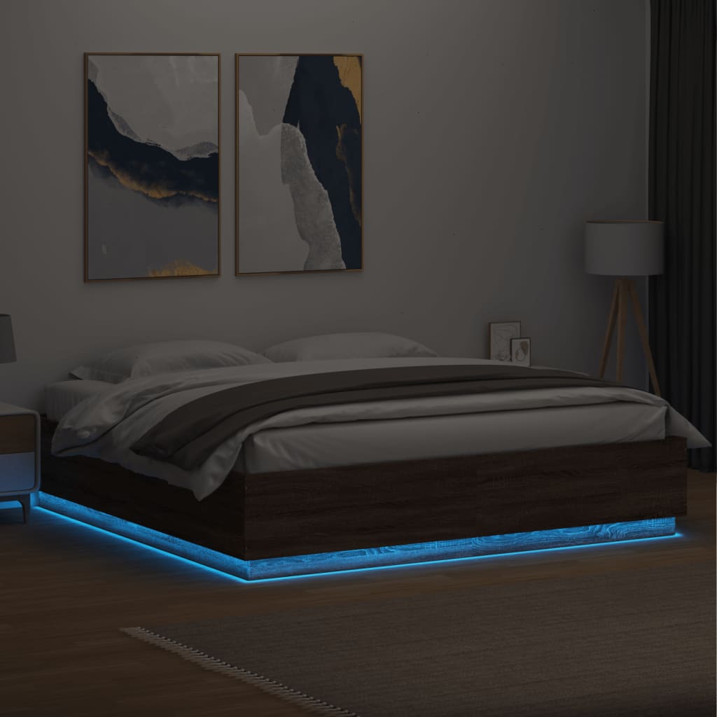 vidaXL Cadru de pat cu lumini LED stejar maro 180x200cm lemn prelucrat