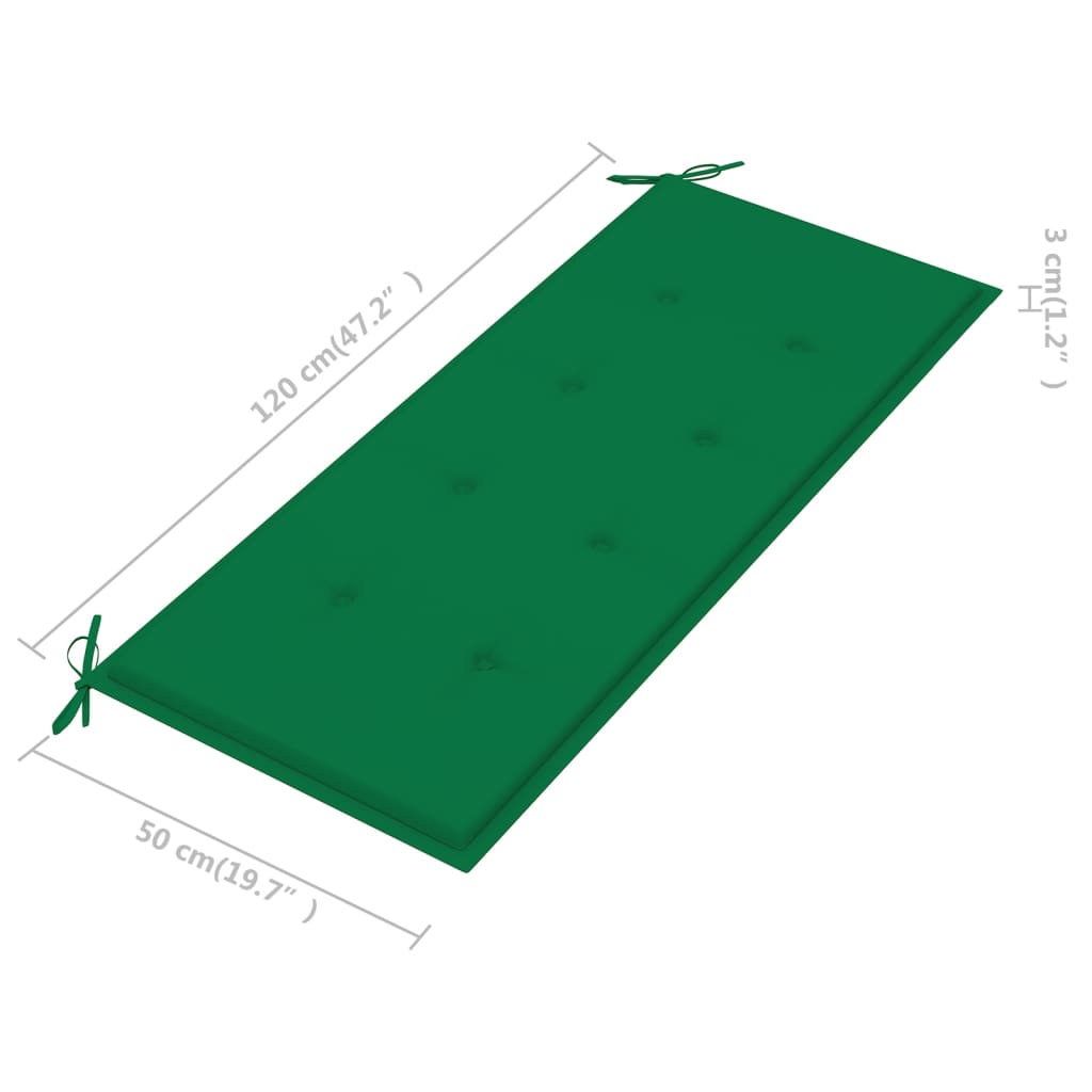 vidaXL Bancă de grădină, pernă verde, 120 cm, lemn masiv tec