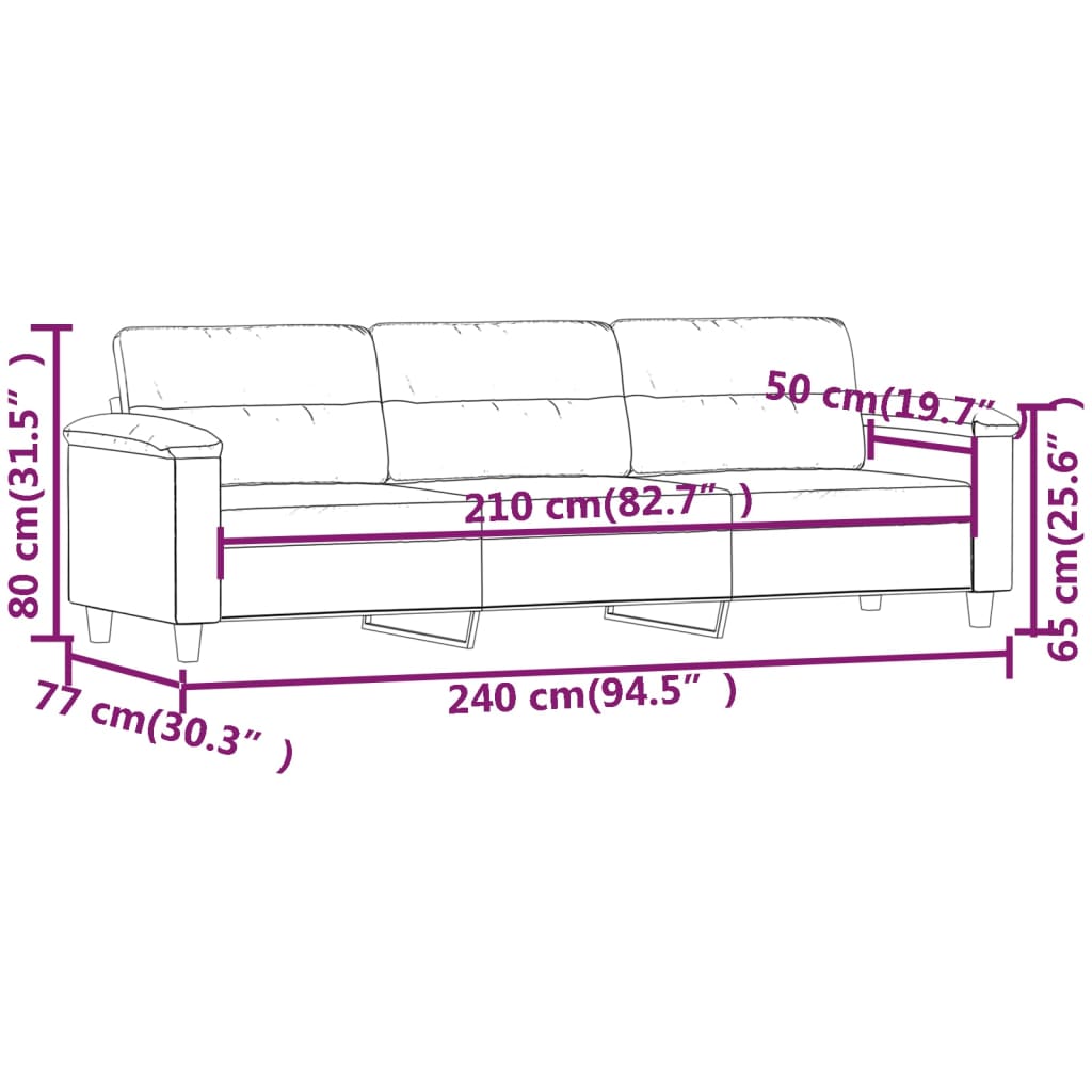 vidaXL Canapea cu 3 locuri, gri închis, 210 cm, țesătură microfibră