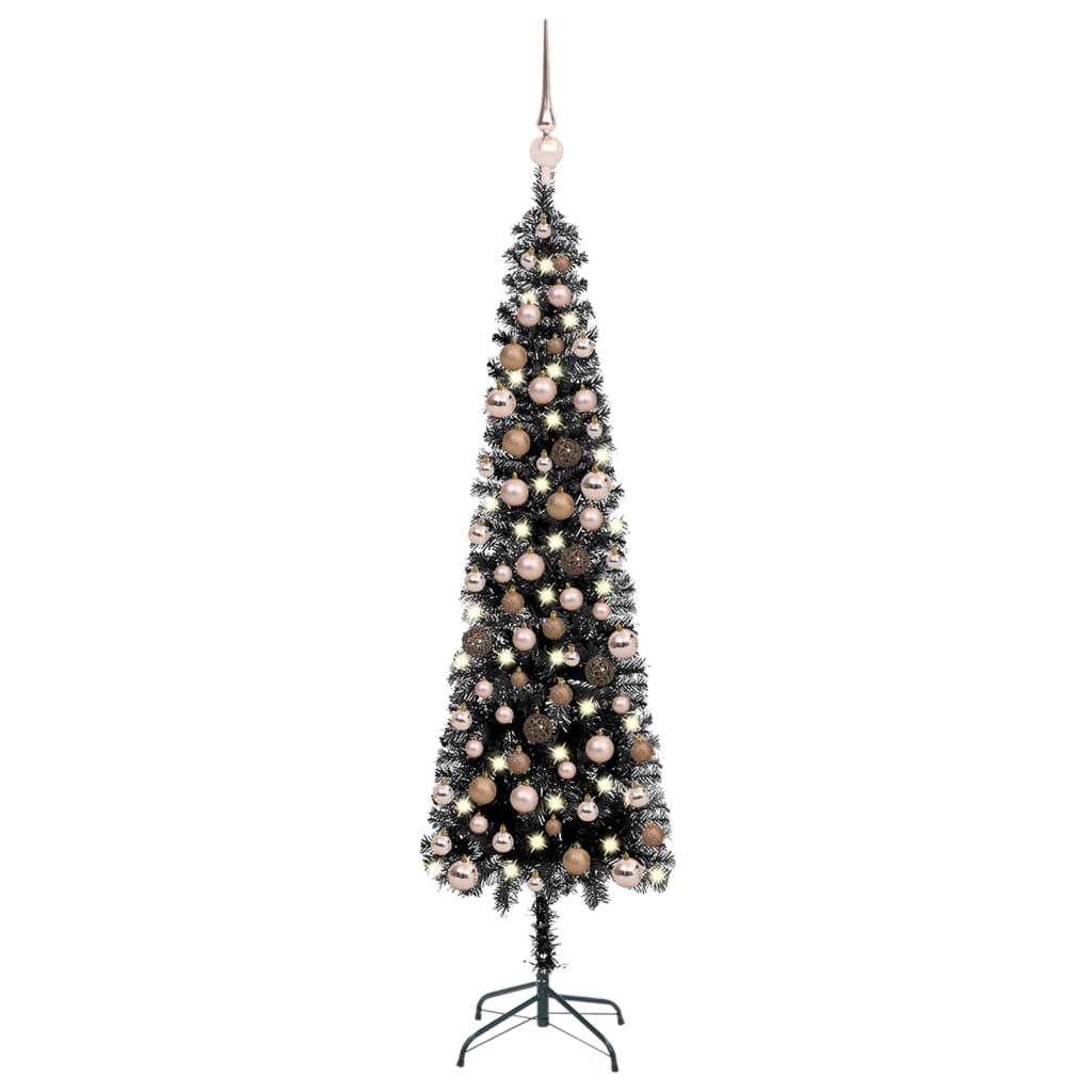 vidaXL Brad de Crăciun pre-iluminat slim, set globuri, negru, 240 cm