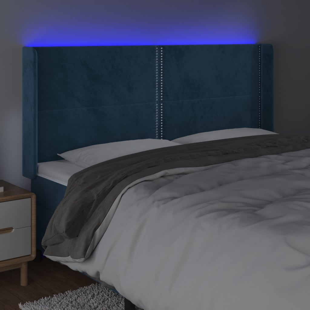 vidaXL Tăblie de pat cu LED, albastru închis, 183x16x118/128cm catifea