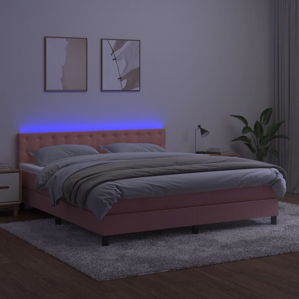 vidaXL Pat cu arcuri, saltea și LED, roz, 160x200 cm, catifea