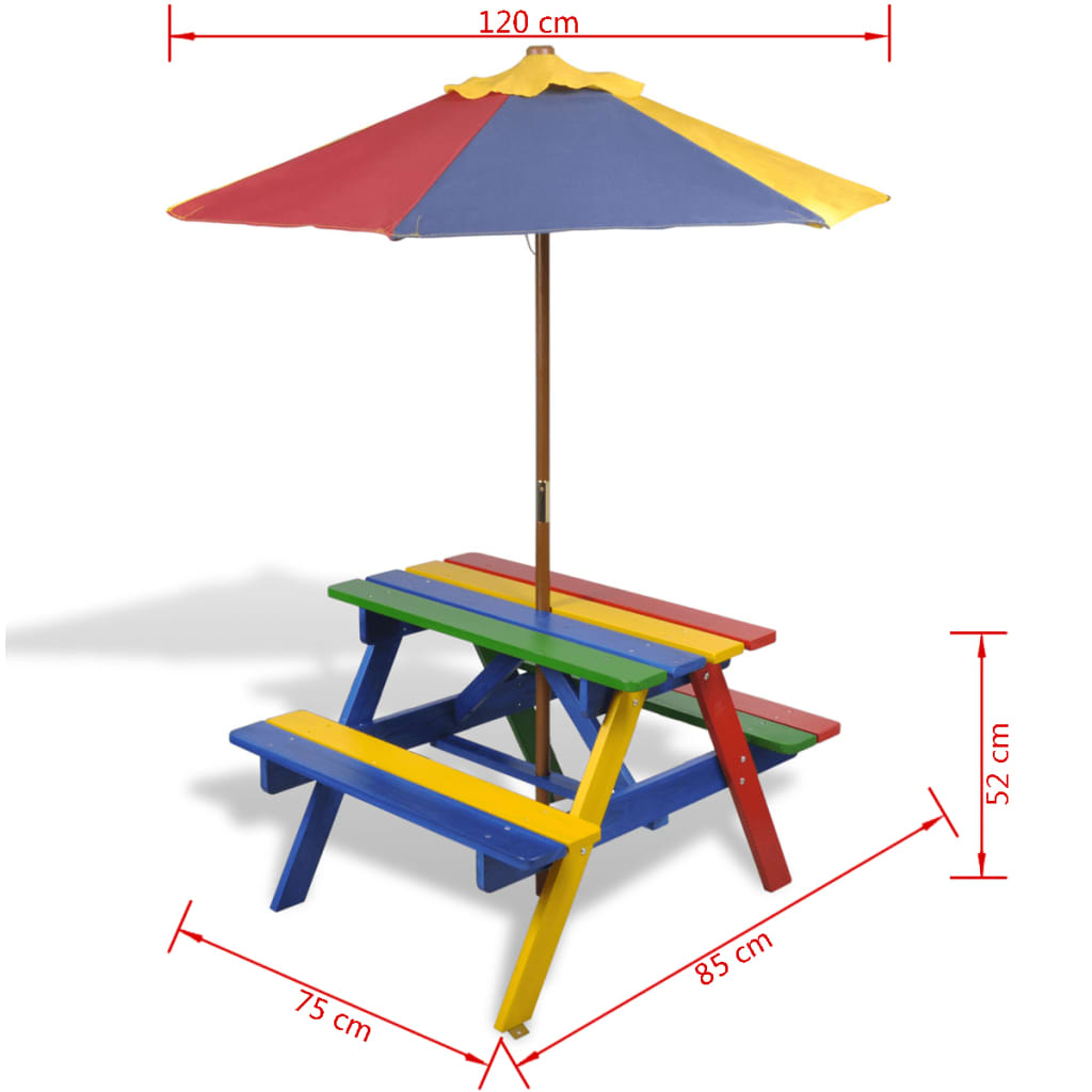vidaXL Masă de picnic pentru copii cu bănci &amp; umbrelă, lemn multicolor