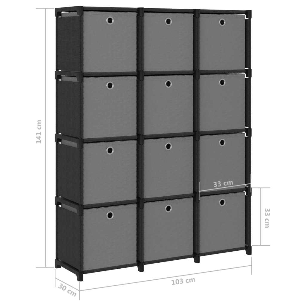 vidaXL Raft expunere, 12 cuburi + cutii, negru, 103x30x141 cm, textil