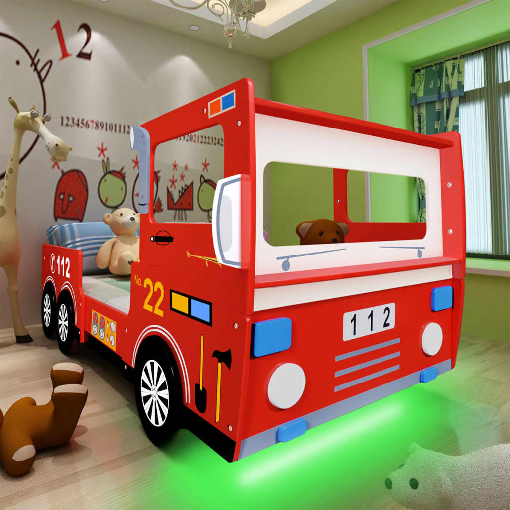 vidaXL Pat pentru copii, model mașină pompieri LED, 200 x 90 cm, roșu
