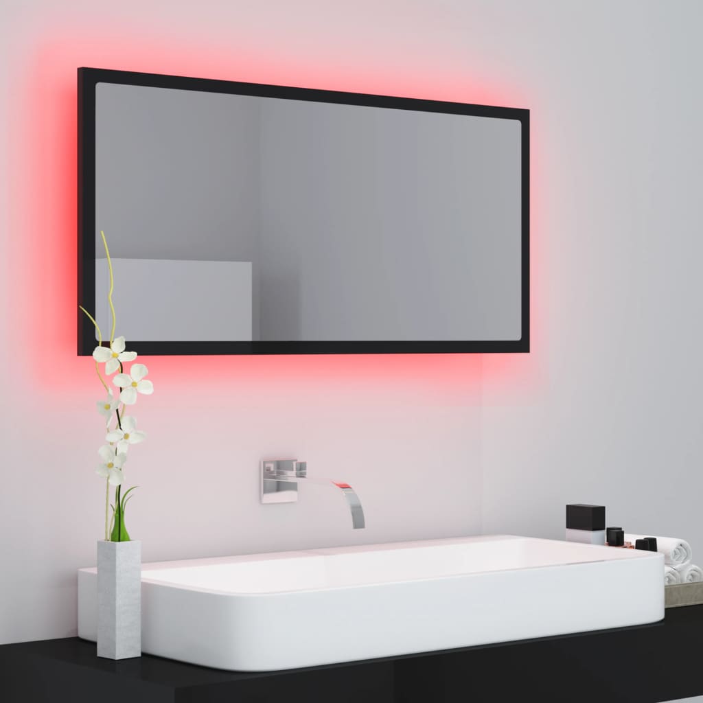 vidaXL Oglindă de baie cu LED, negru extralucios, 90x8,5x37 cm, acril