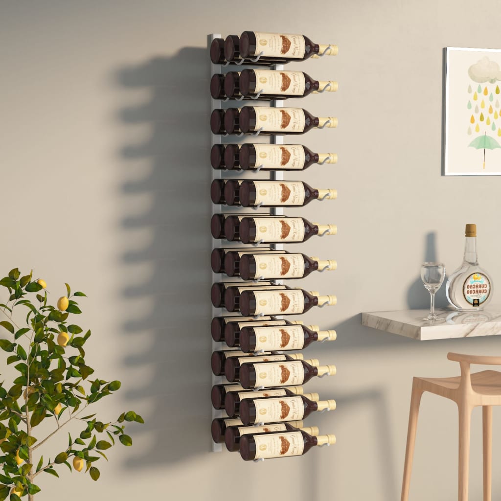 vidaXL Suport sticle de vin montat pe perete, 36 sticle, alb, fier