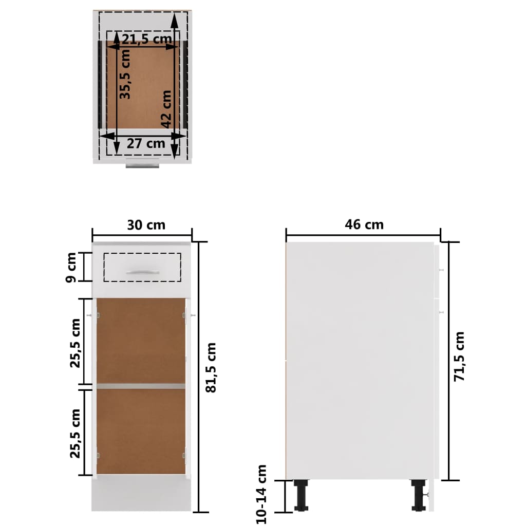 vidaXL Dulap inferior cu sertar, alb, 30 x 46 x 81,5 cm, PAL
