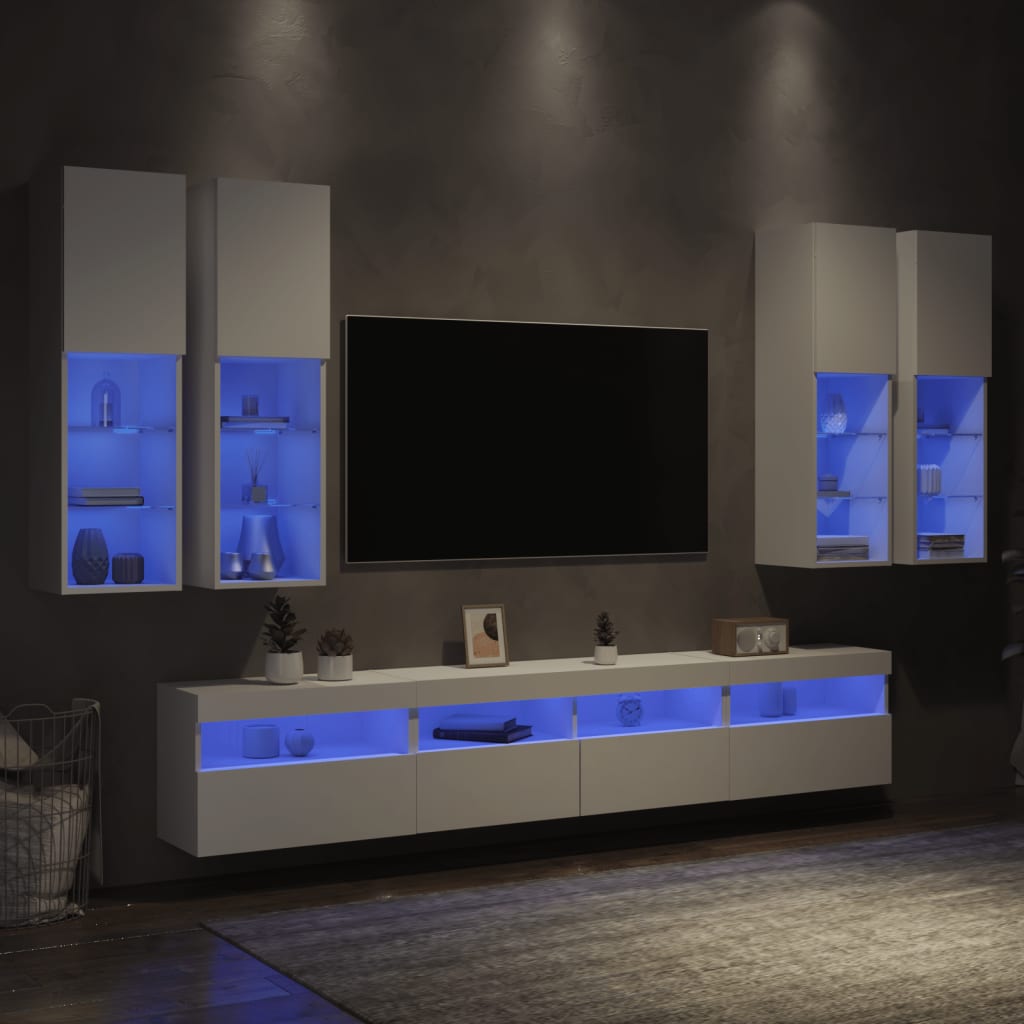 vidaXL Set comode TV de perete, 7 piese, cu lumini LED, alb
