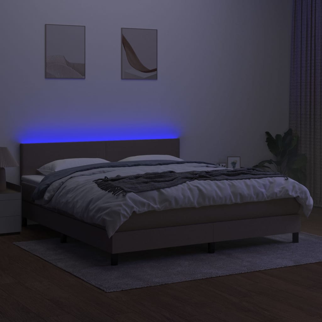 vidaXL Pat cu arcuri, saltea și LED, gri taupe, 160x200 cm, textil