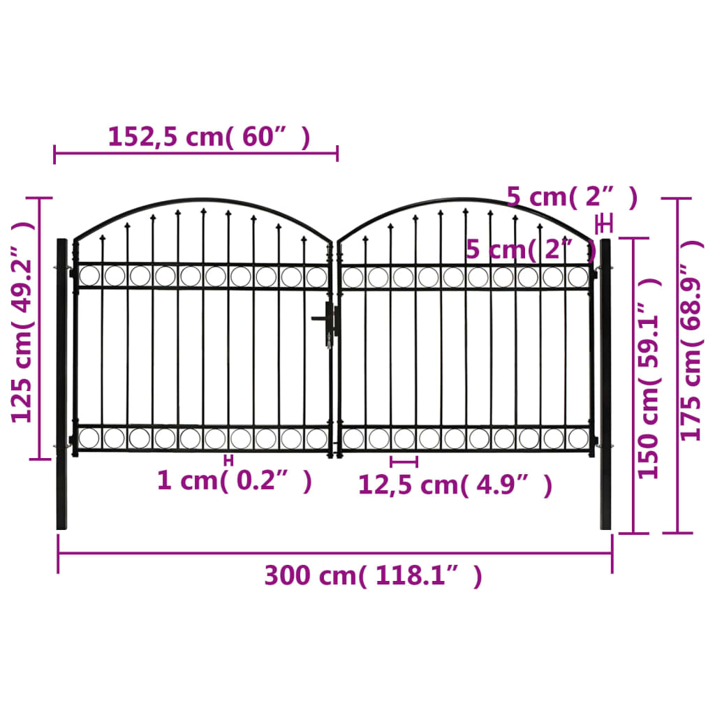 vidaXL Poartă de gard dublă cu vârf în arcadă, negru, 300x125 cm, oțel