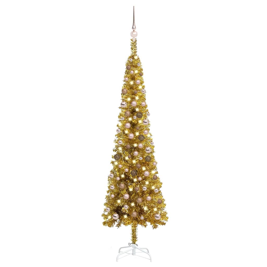 vidaXL Brad de Crăciun pre-iluminat slim, set globuri, auriu, 210 cm