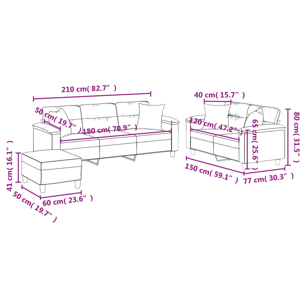 vidaXL Set de canapele cu perne, 3 piese, gri deschis, microfibră