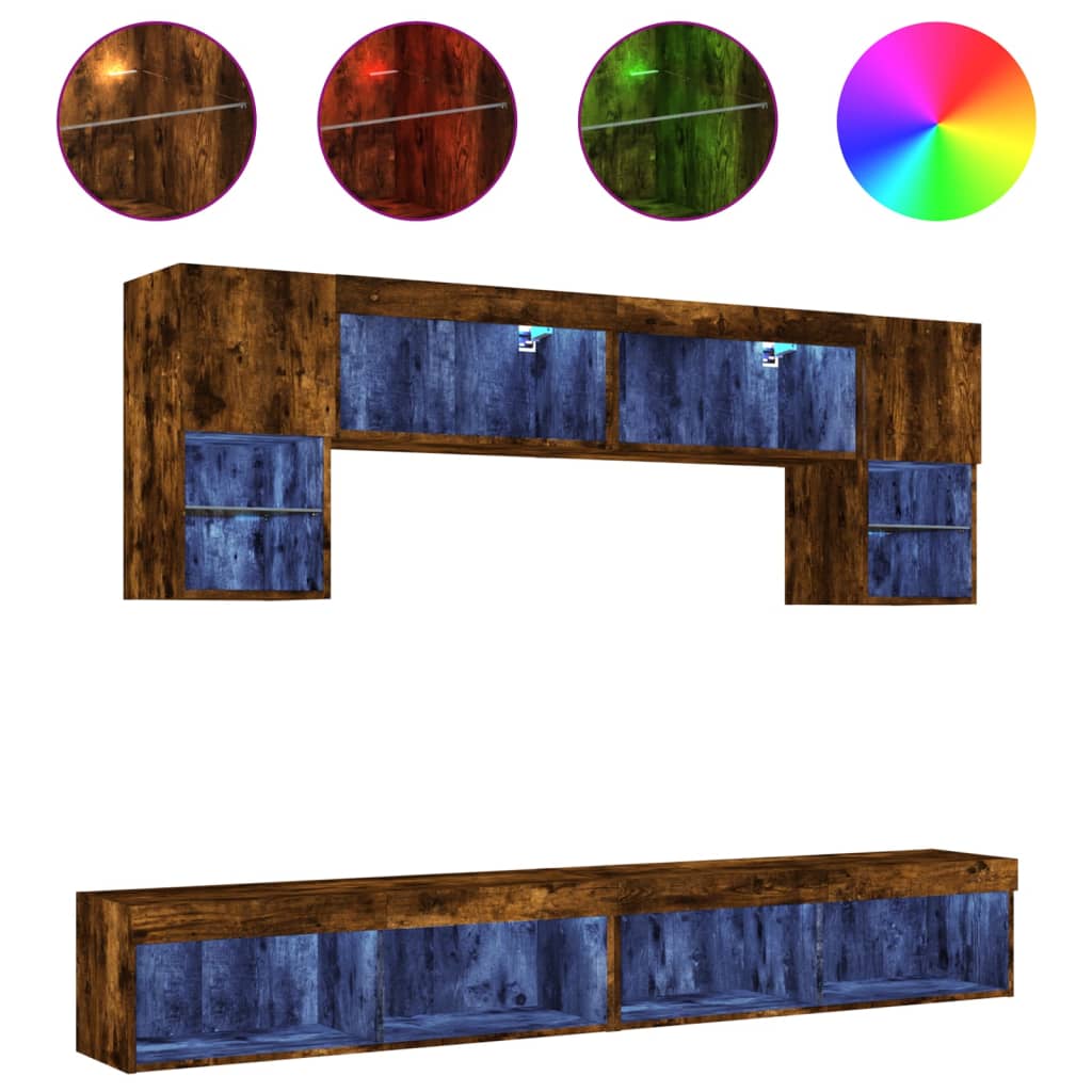 vidaXL Unități de perete TV cu LED-uri, 6 piese, stejar fumuriu, lemn