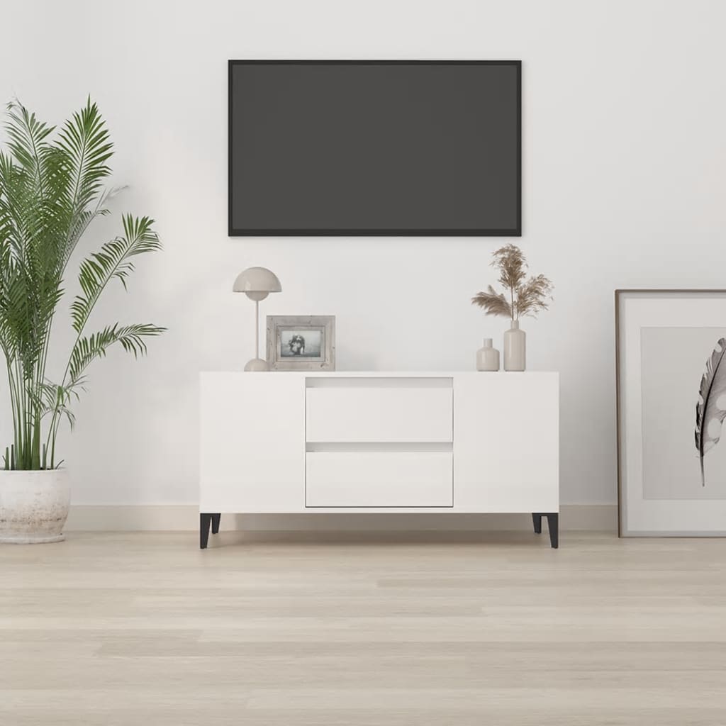 vidaXL Comodă TV, alb extralucios, 102x44,5x50 cm, lemn prelucrat