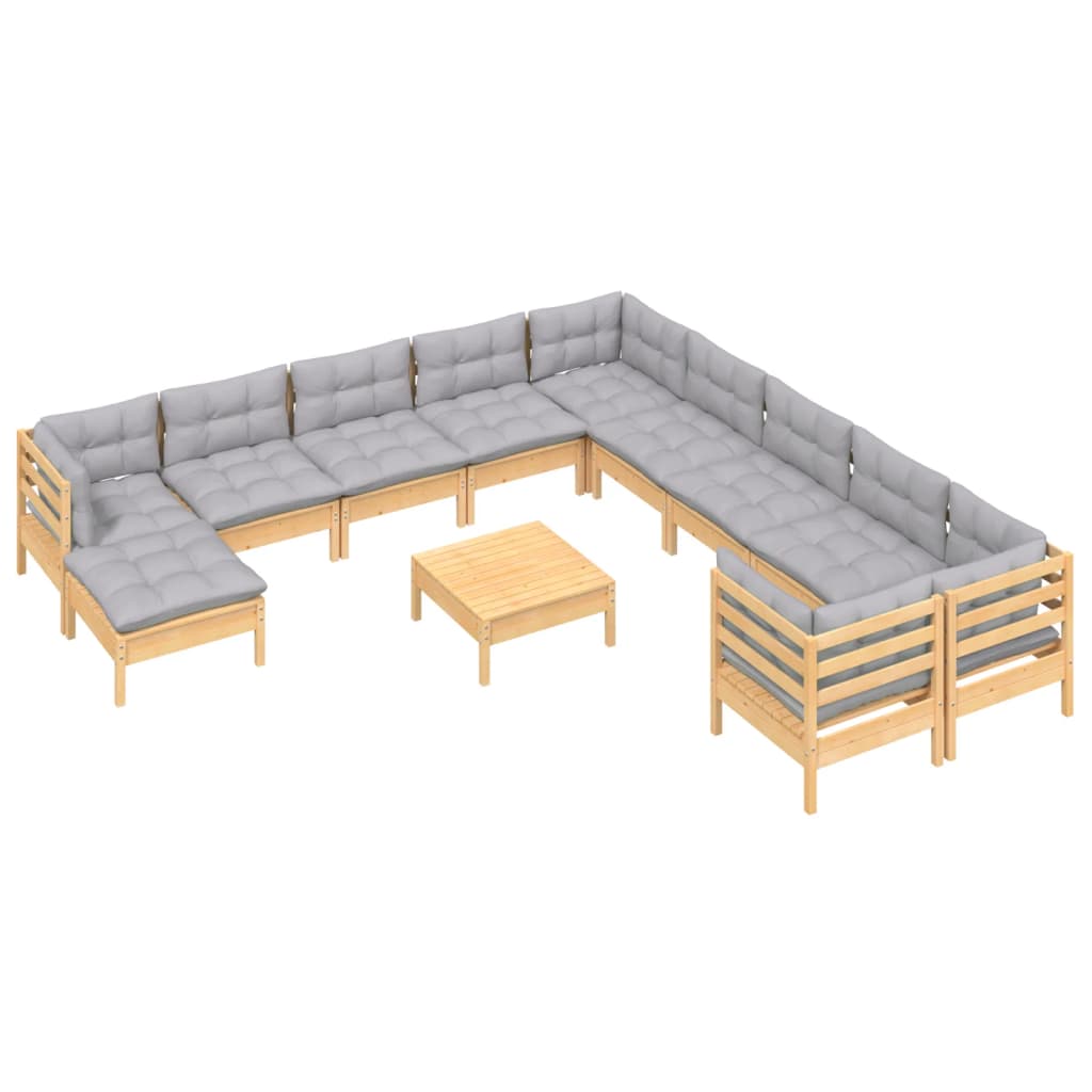 vidaXL Set mobilier grădină cu perne, 12 piese, gri, lemn masiv pin
